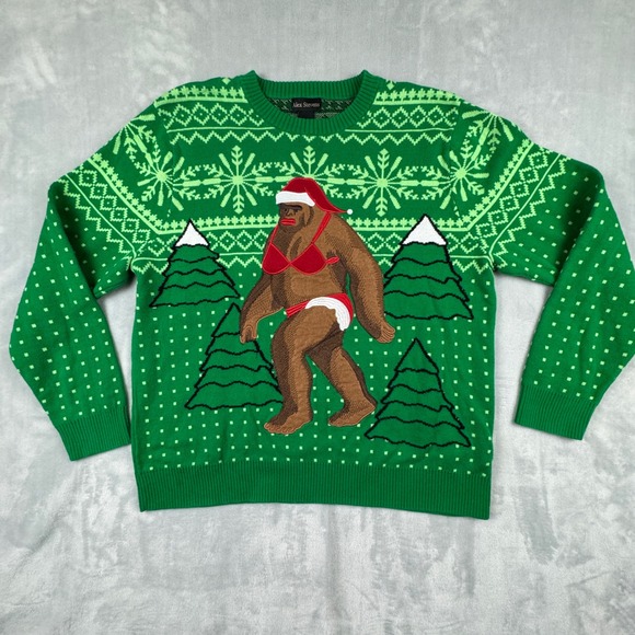 Alex Stevens Ugly Christmas Sweater XL Bigfoot Santa Bikini Funny Green - Picture 1 of 14